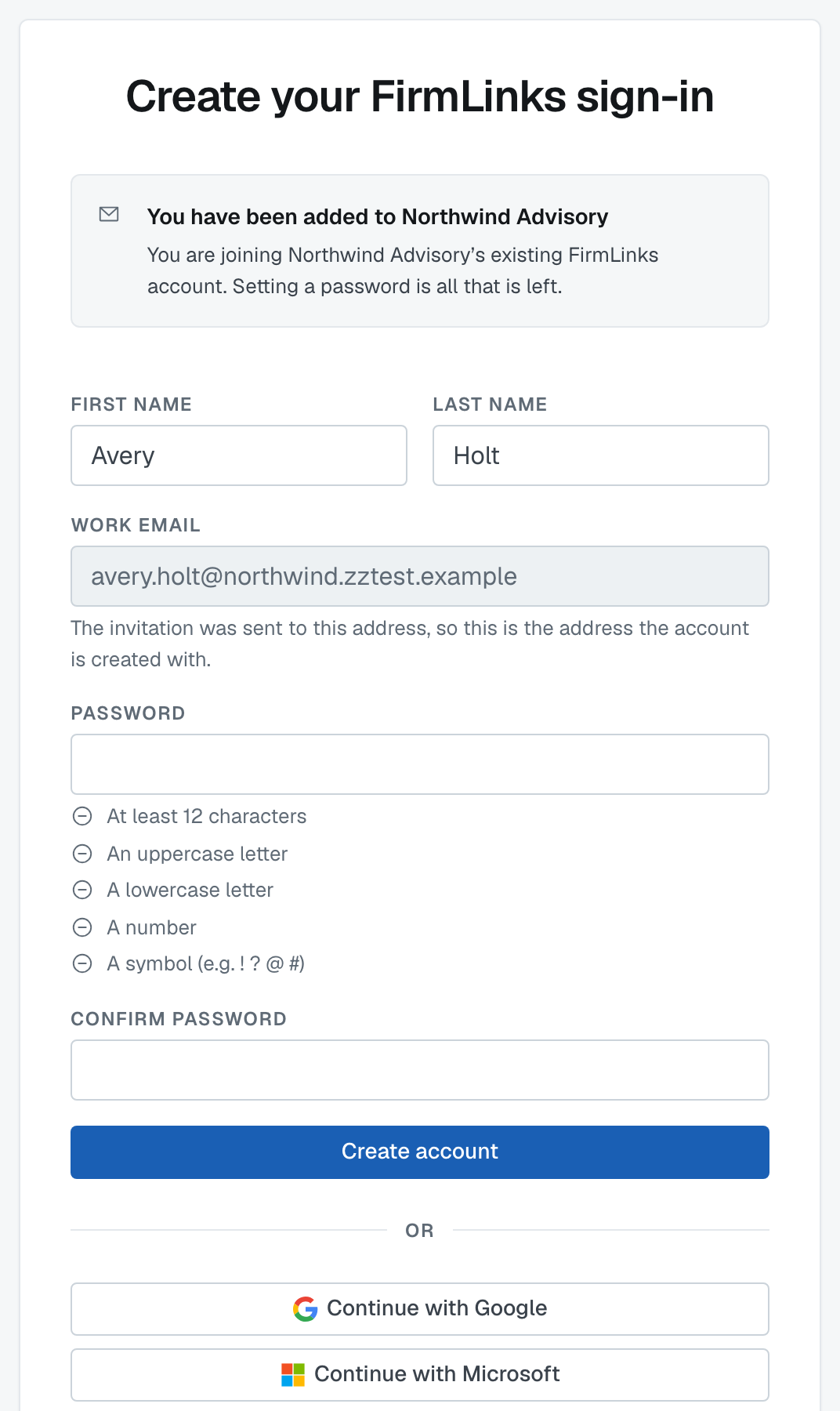 The invited-signup form: your name filled in, your email fixed