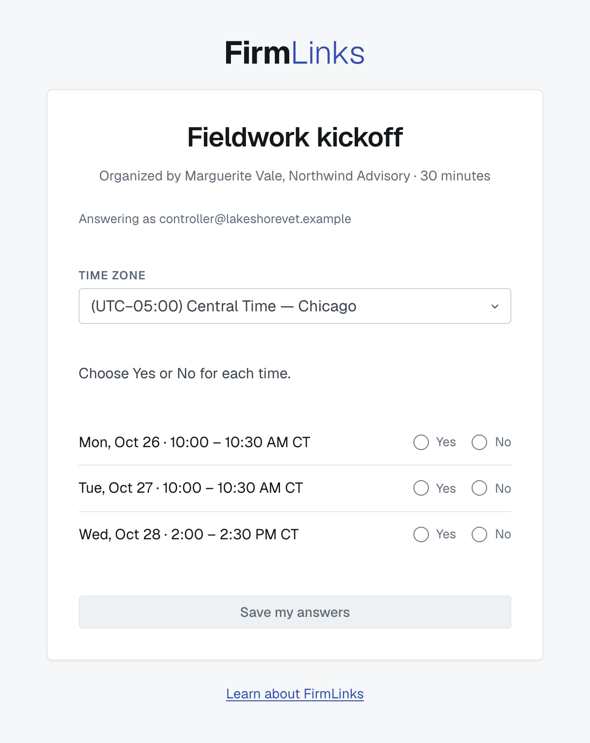 The answer page: the meeting title, who organized it and how long it runs, Answering as, the Time zone select, Yes or No for each time, and Save my answers