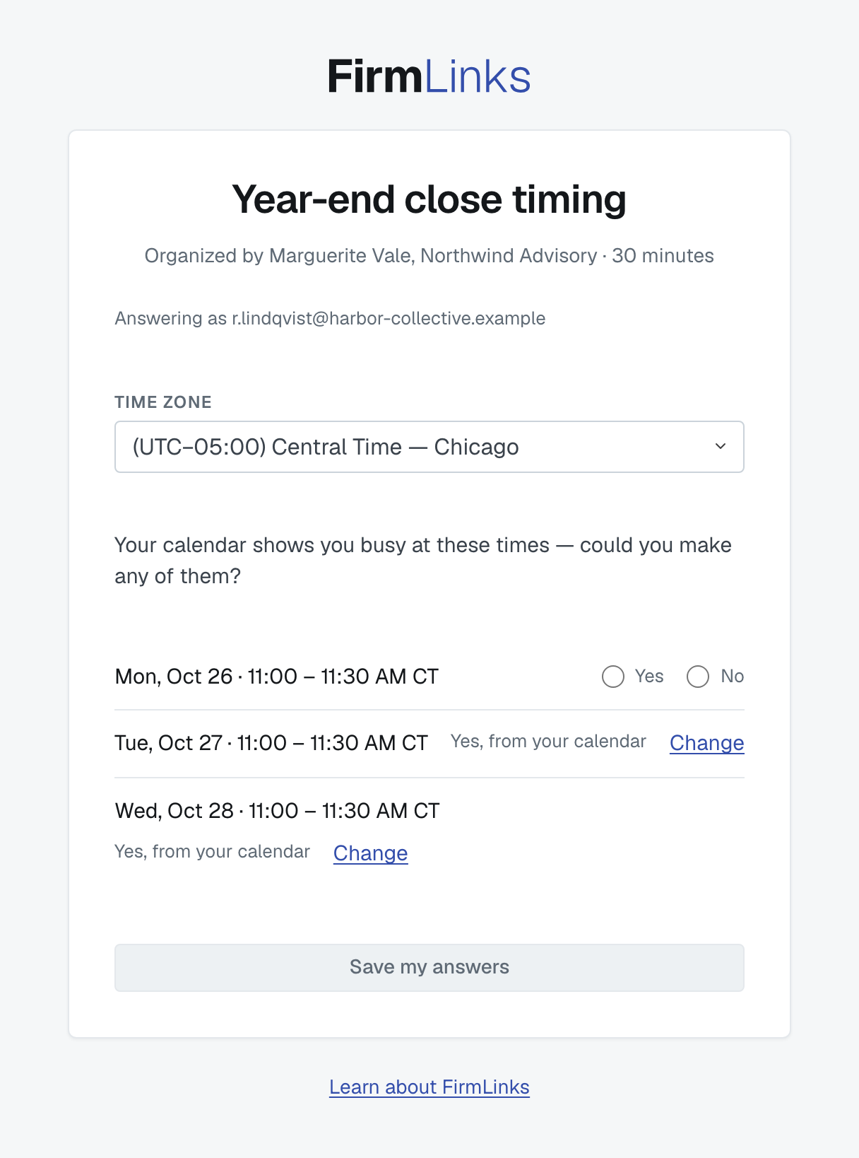The answer page for someone with a calendar feed: two times already read Yes, from your calendar with a Change link, and only the busy time still asks Yes or No