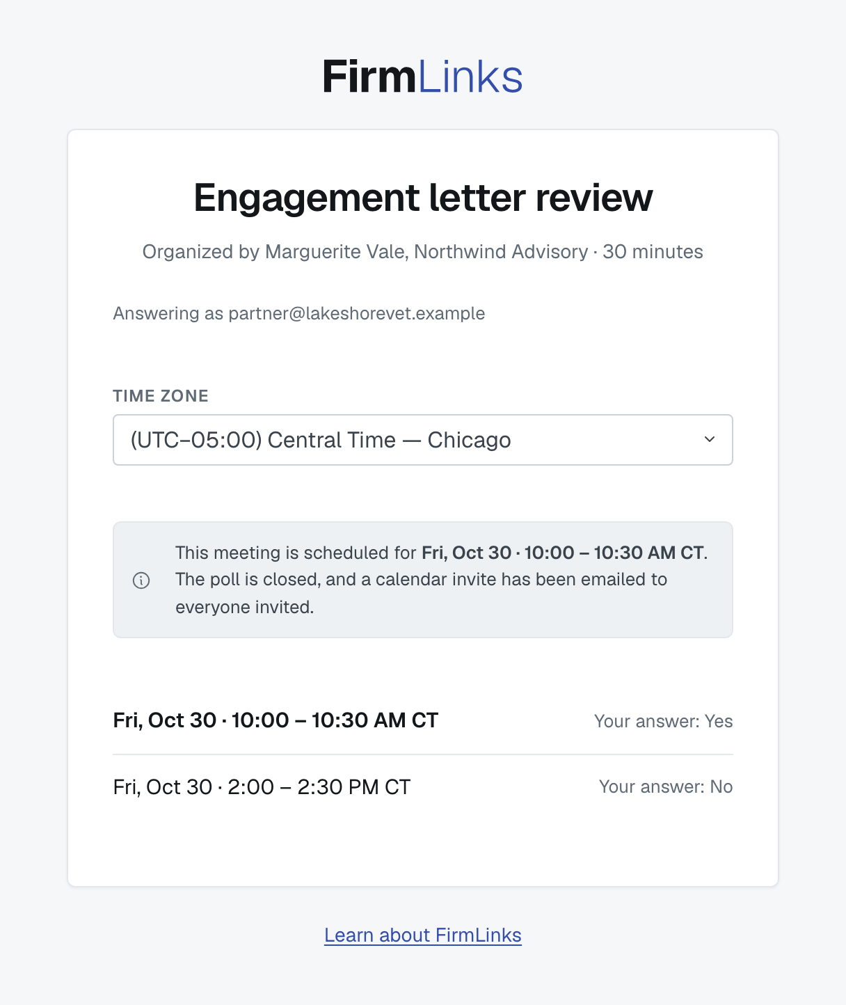 The page after the meeting is booked: a notice giving the scheduled time, and each time listed with your answer to it