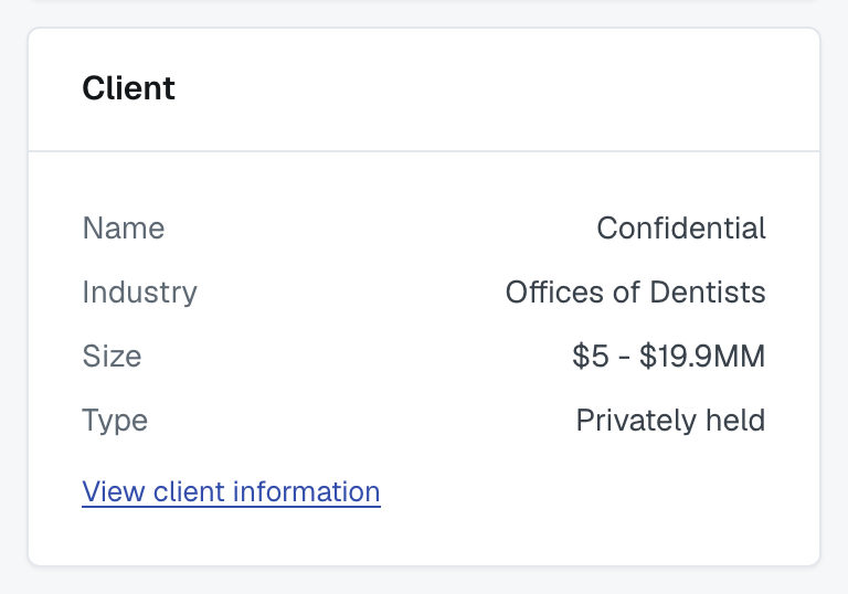 The Client card as an invited firm reads it: the name shows Confidential, the industry, size and type are filled in, and a View client information link sits below