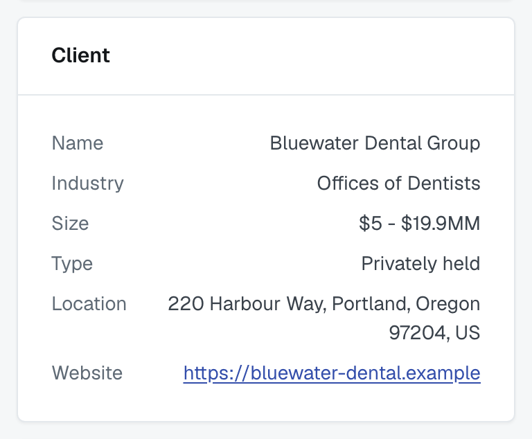 The same Client card once revealed: the name, location and website now showing