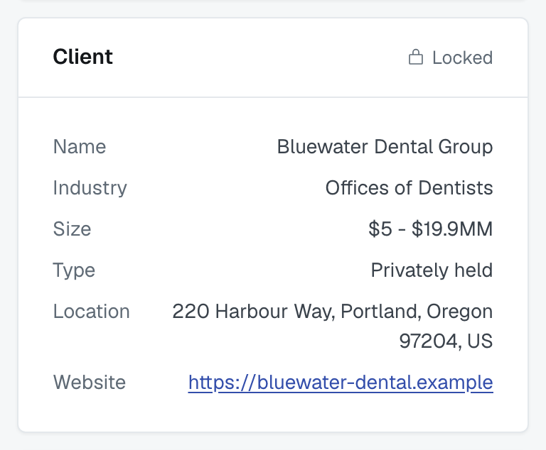 The lead firm's Client card marked Locked, with no edit pencil, because a firm has been invited