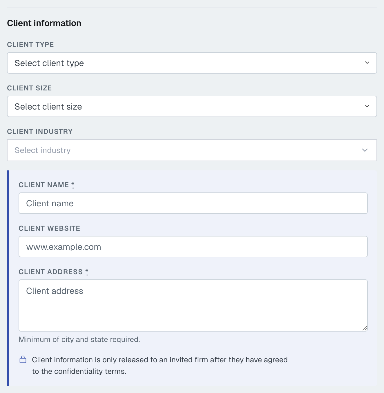 The client name, website and address on the draft engagement form, in their marked group with the line about information only being released after a firm agrees