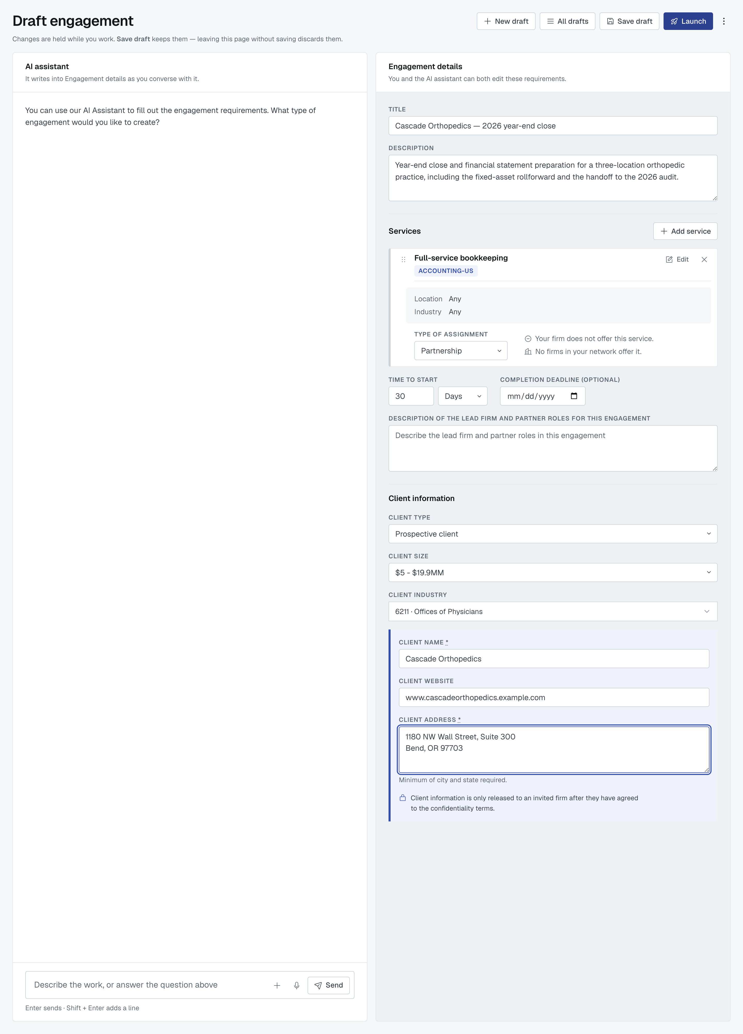 The Draft engagement screen: the AI assistant untouched on the left, the details form filled in by hand on the right, and Save draft and Launch in the header