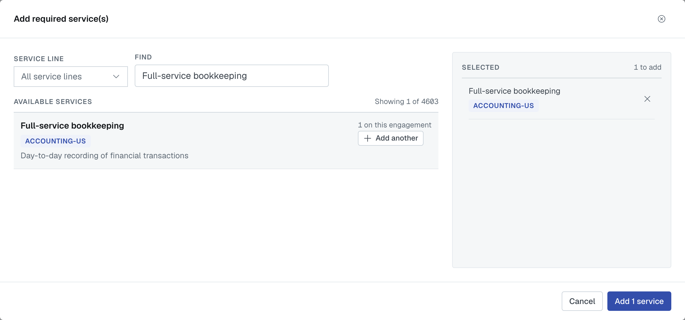The Add required service(s) dialog: the Service line filter, the Find box, Available services, and what you have picked gathered under Selected