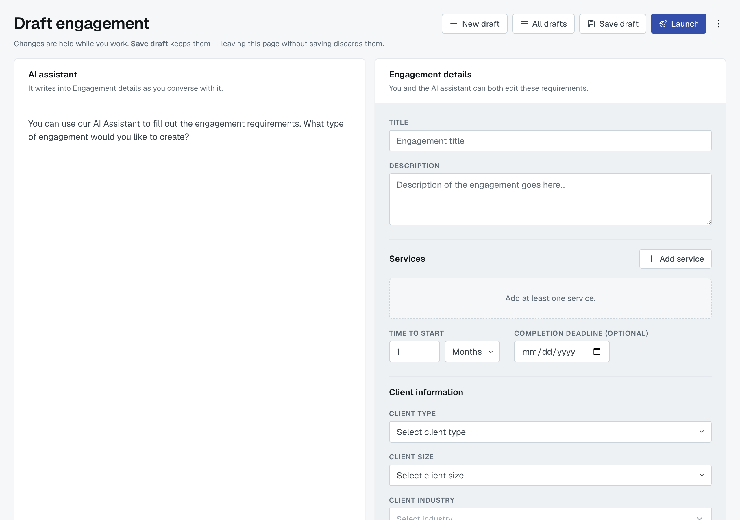 The draft engagement screen: the assistant on the left, engagement details filling in on the right