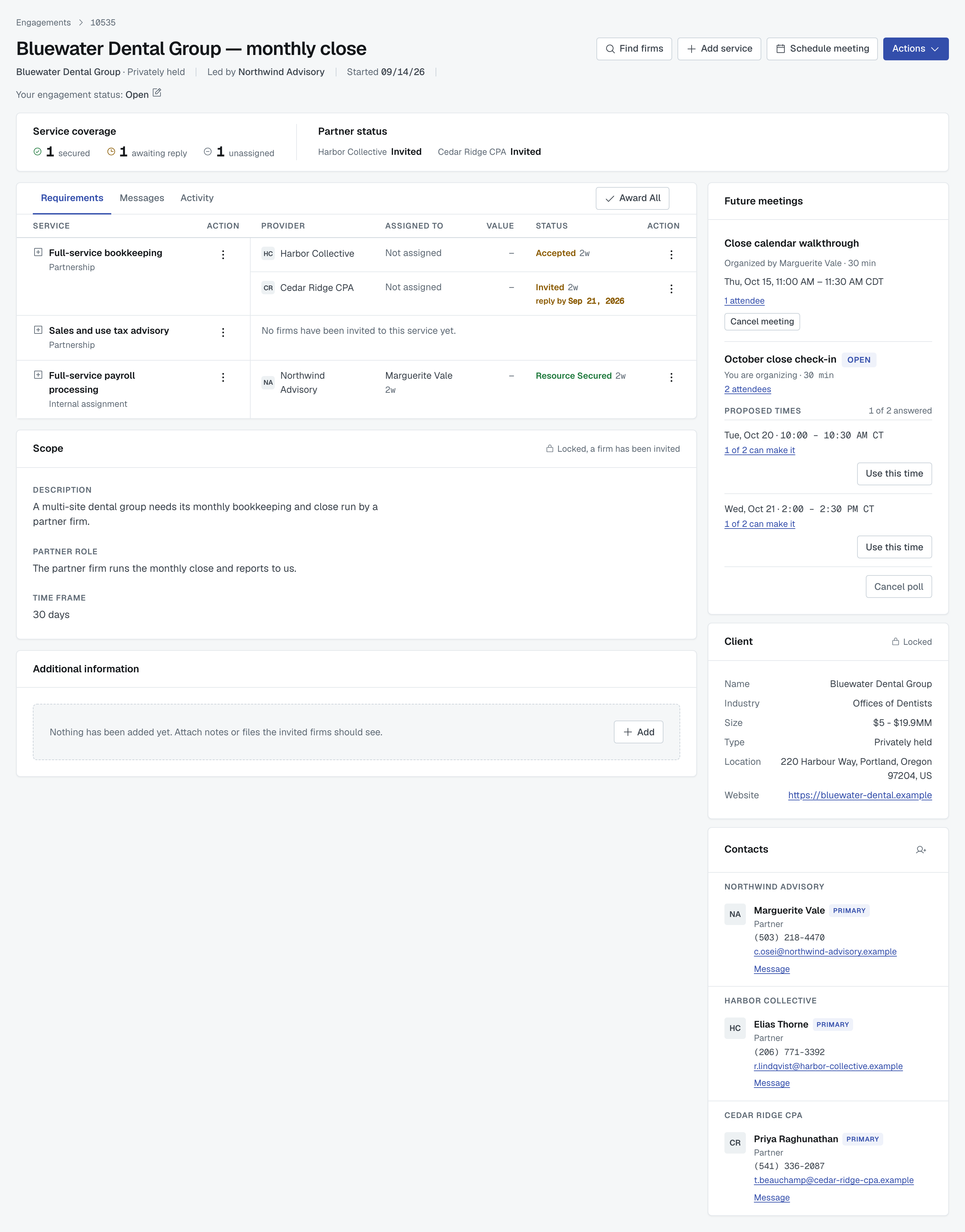 The whole engagement page: the header, the coverage and partner status band, the services with their invitations, Scope and Additional information, and the Future meetings, Client and Contacts cards on the right