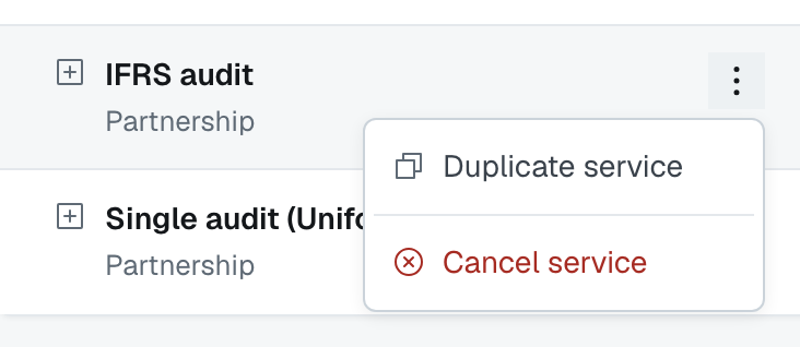 The service menu open on an awarded service, offering Duplicate service and Cancel service