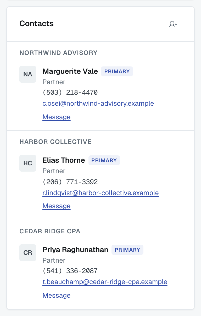 The contacts rail: who is on the engagement at each firm, and which person is primary