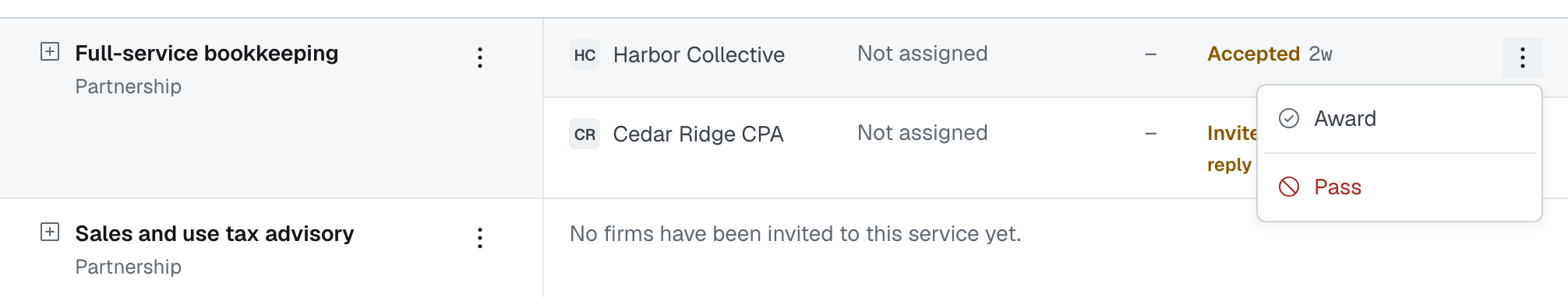 The menu on an Accepted firm's invitation row, open on Award and Pass