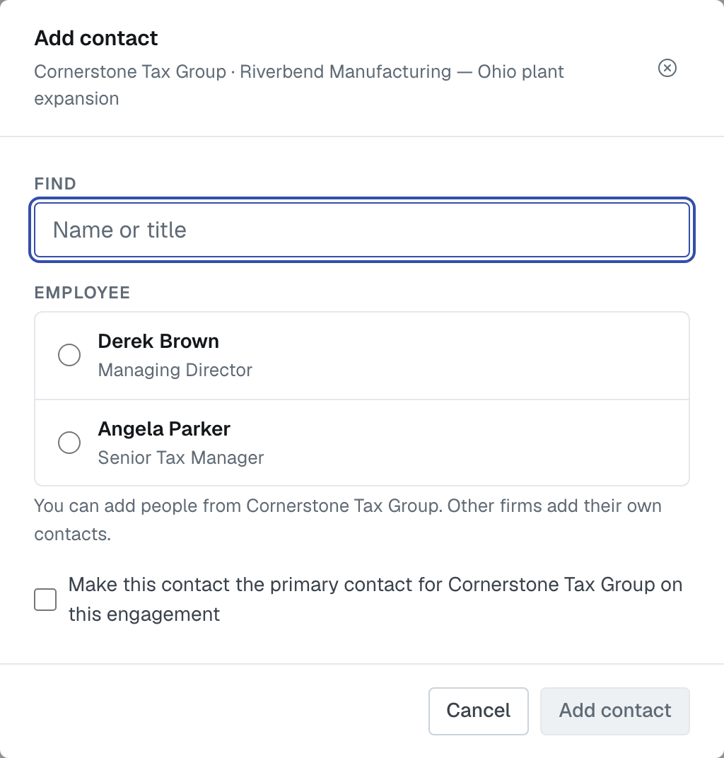The Add contact dialog: the Find box, the employee picker, and the tick-box that makes this person your firm's primary contact