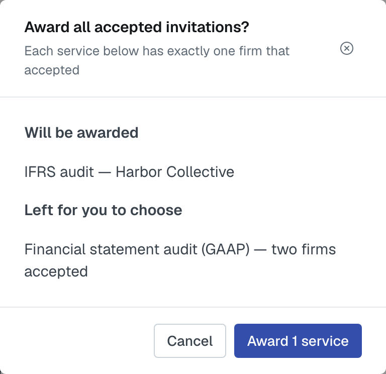 The Award all accepted invitations? dialog listing one service under Will be awarded and one under Left for you to choose, with an Award 1 service button
