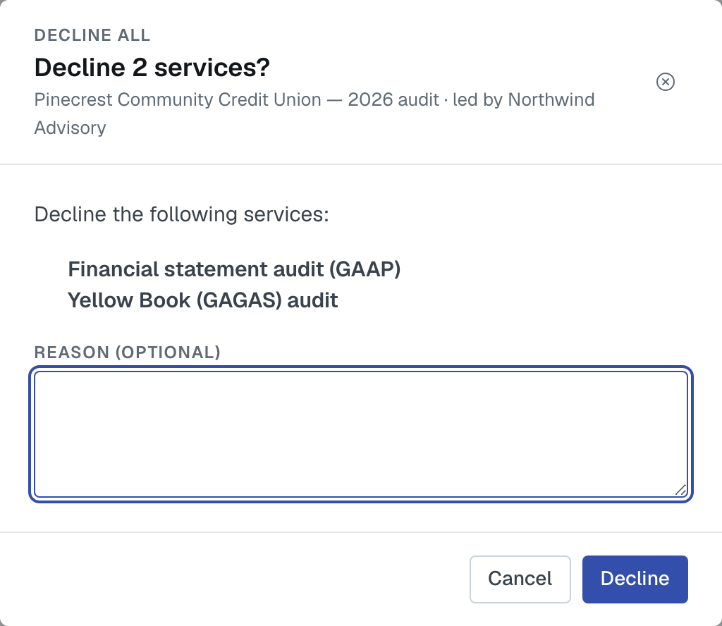 The decline dialog opened from Decline All, listing two services under Decline the following services:, with a Reason (optional) box, Cancel and Decline