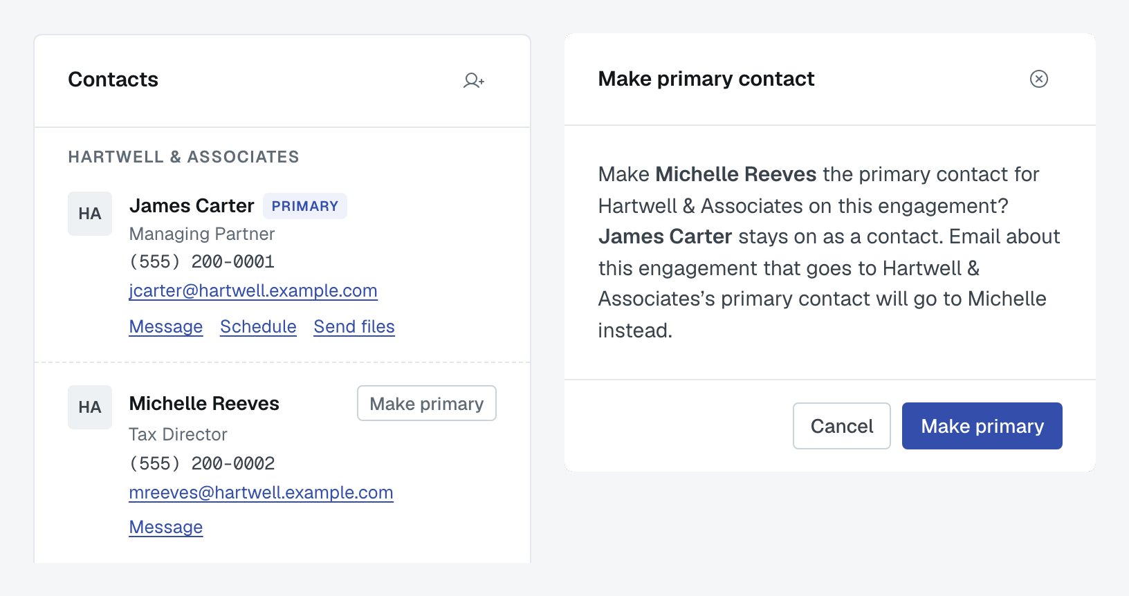 The Make primary contact confirmation naming the new primary and the contact who stays on, over the Contacts card with Make primary beside the second contact