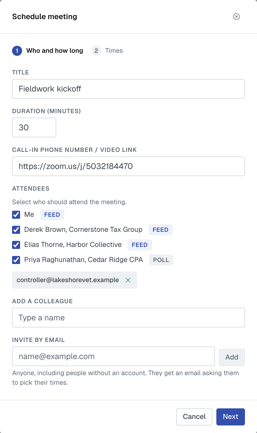 Step 1 of the Schedule meeting dialog: the title, a 30-minute duration, the saved video link, the attendees ticked with their Feed or Poll tags, one person added by email, and the Add a colleague and Invite by email fields