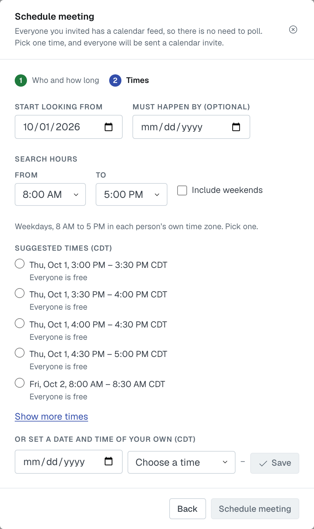 Step 2 when everyone invited has a calendar feed: the line saying there is no need to poll, suggested times where everyone is free to pick one from, a row for your own time, and Schedule meeting