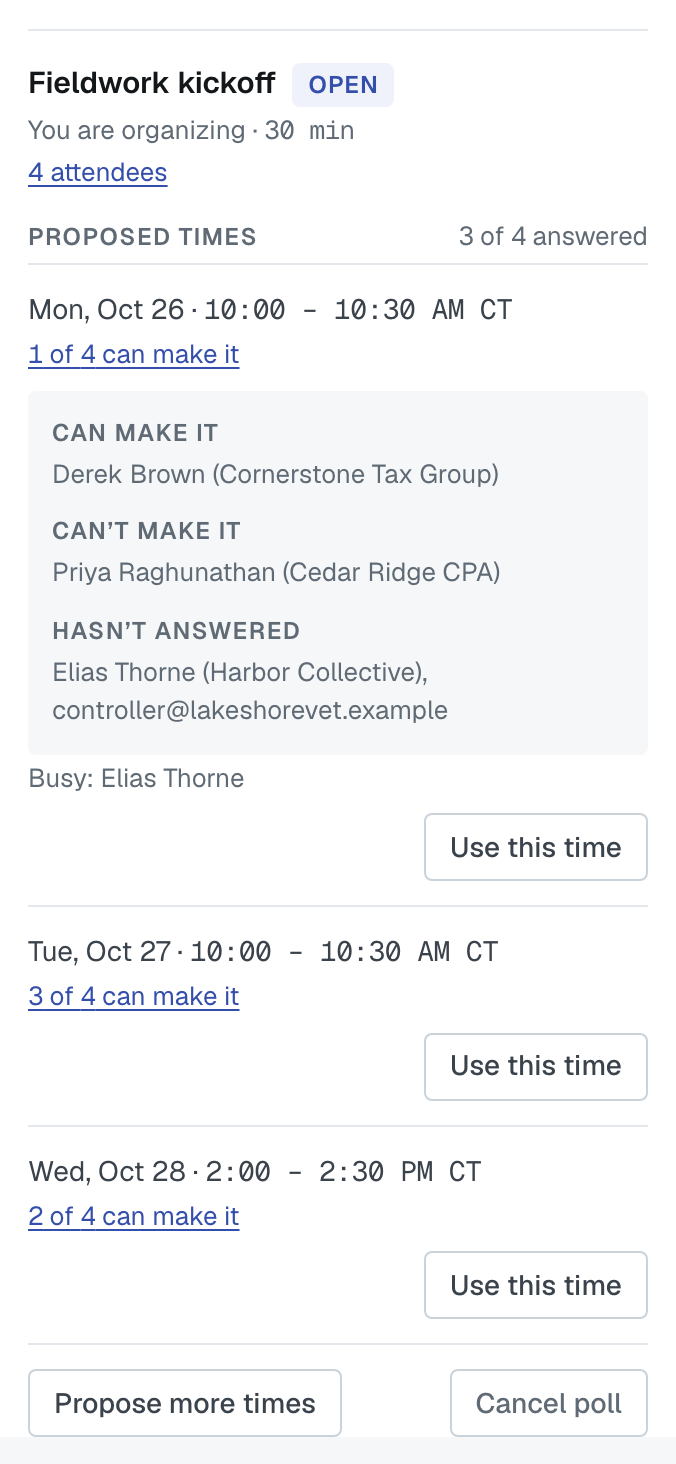 An open poll as the organizer sees it: how many have answered, one time opened onto who can make it, who can't and who hasn't answered, a Busy line, Use this time beside each time, and Propose more times and Cancel poll