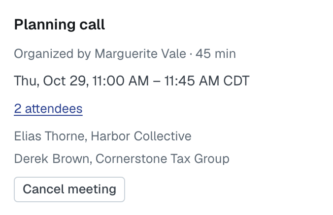 A booked meeting in Future meetings: its title, organizer and length, date and time, the attendees opened onto their names and firms, and Cancel meeting