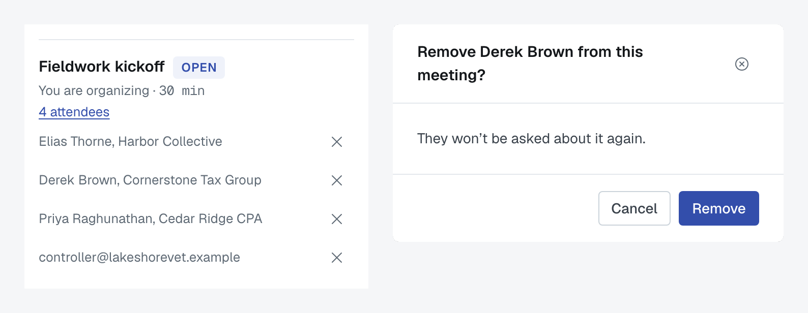 The attendee list of an open poll with an × beside each name, and the confirmation asking whether to remove Derek Brown from this meeting