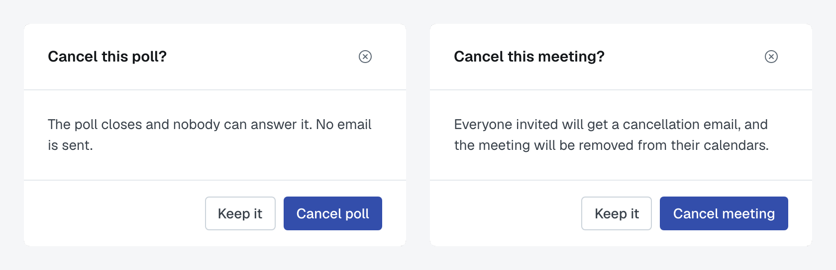 The two confirmations side by side: Cancel this poll? says no email is sent, and Cancel this meeting? says everyone invited will get a cancellation email