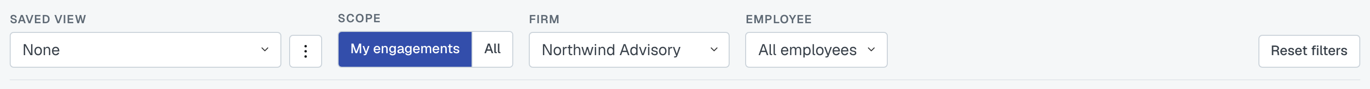 The toolbar close up: Scope, and the Firm and Employee dropdowns, where the people offered follow the firm you picked