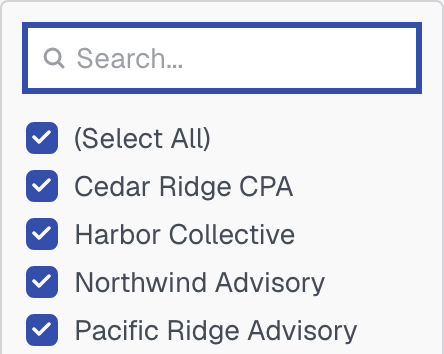 A column heading's menu, open on the tick-list of values in that column