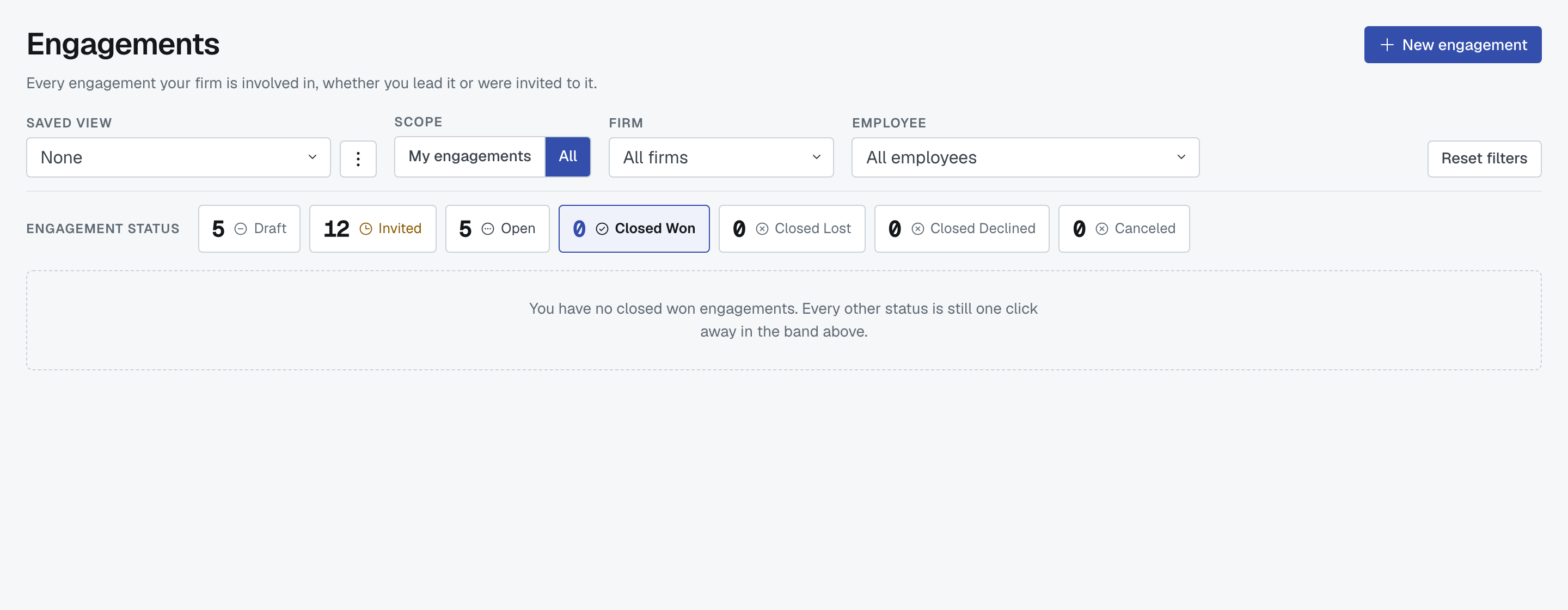 The empty state that replaces the table when the status you pressed matches no engagements