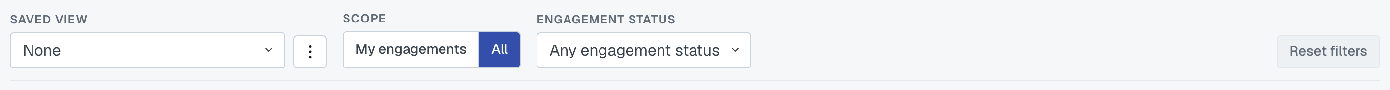 The filter bar close up: the Saved view control, the Scope buttons, the Engagement status dropdown, and Reset filters greyed out