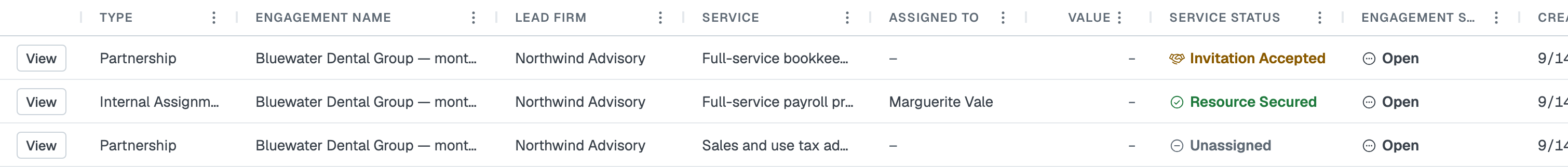 The Service Status and Engagement Status columns side by side on the same rows