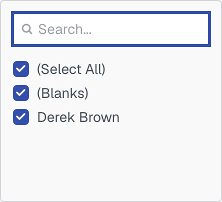The Assigned To column's three-dots menu, open on its filter, which is how you narrow the list to one colleague