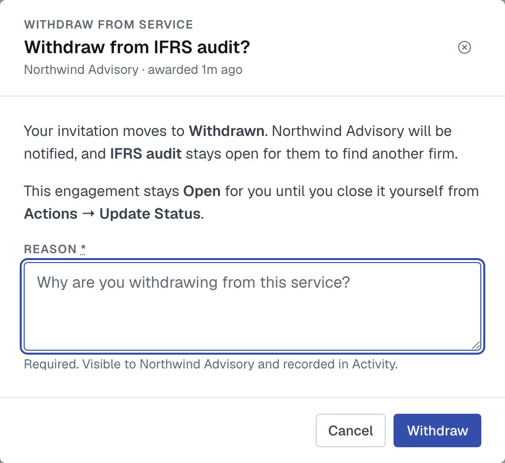 The Withdraw dialog from the awarded firm's seat, saying the invitation moves to Withdrawn, with the required Reason box, Cancel and Withdraw