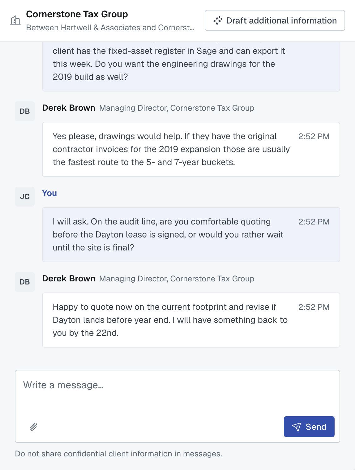The Messages tab on an engagement