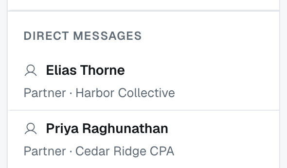 The Direct messages part of the channel list: the people you can write to, each with their title and firm under the name