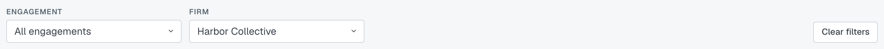 The toolbar above the list: the Engagement and Firm dropdowns, and Clear filters live because one is set