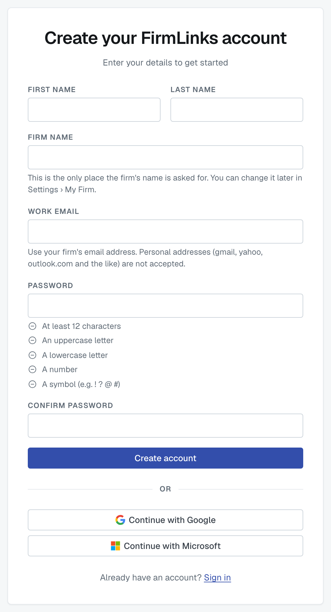 The Create your FirmLinks account form