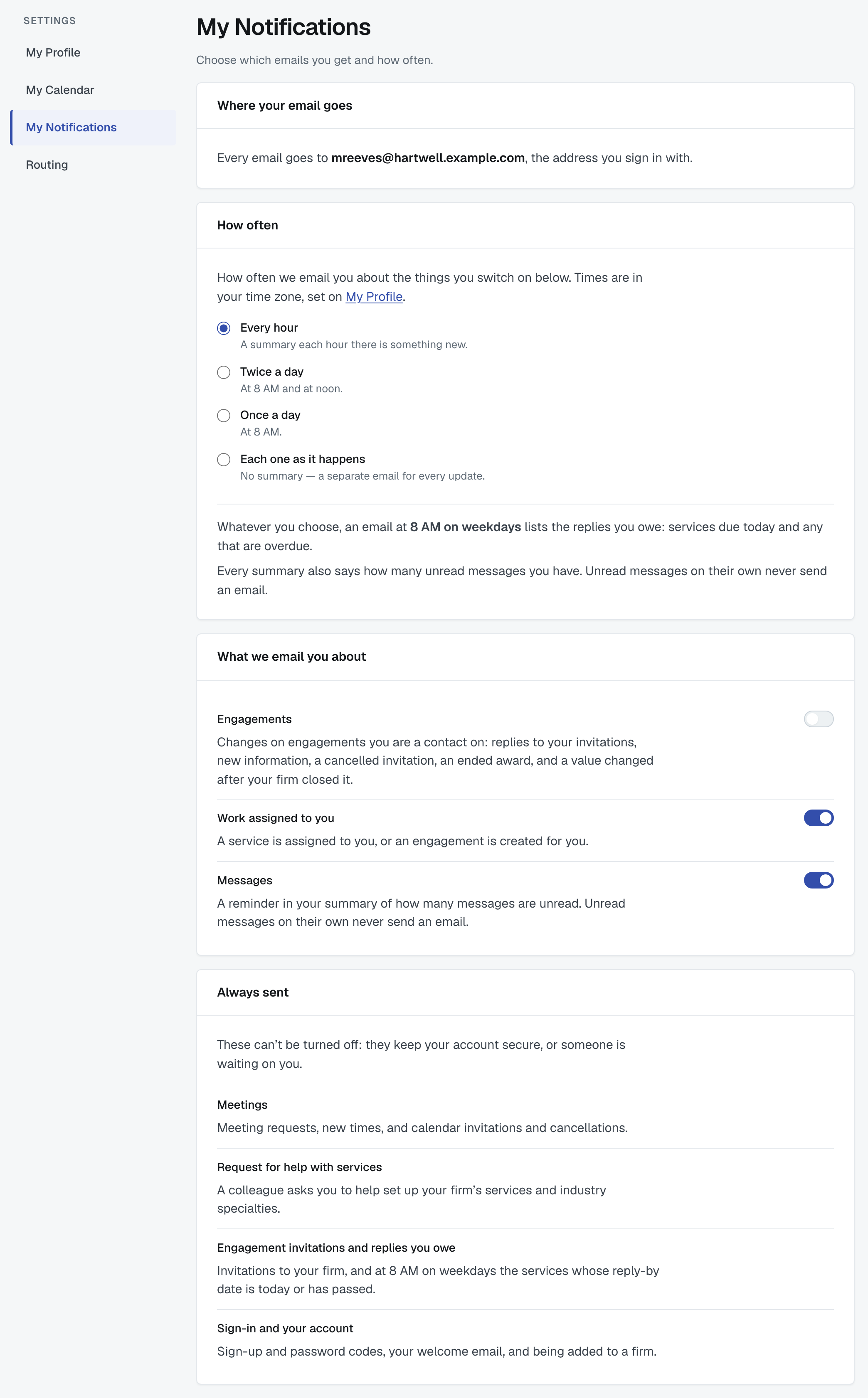 The same page for a user who is not an administrator, with three switches and Engagements switched off