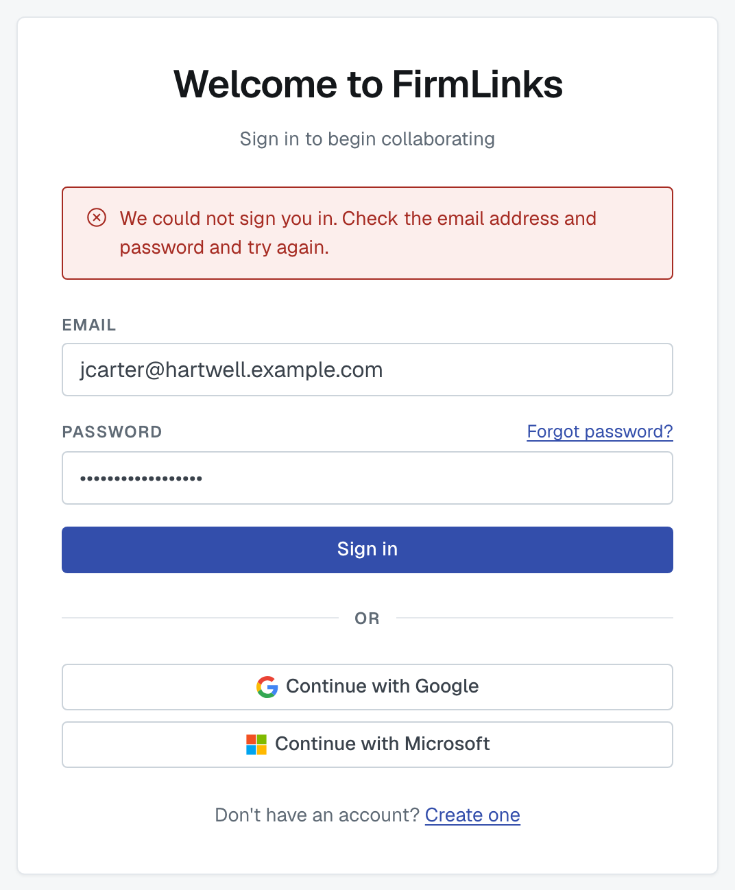 The sign-in error message