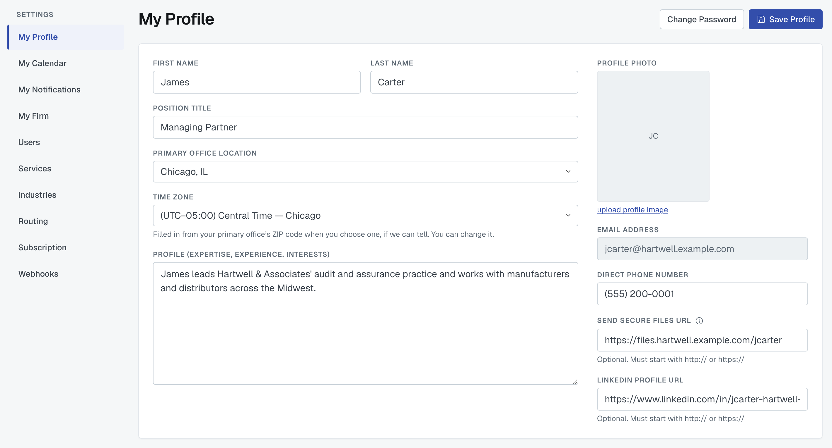The My Profile page with name, position title, Primary Office Location and the Time zone field under it, the profile text, photo, email address, Direct Phone Number, Send Secure Files URL and LinkedIn Profile URL