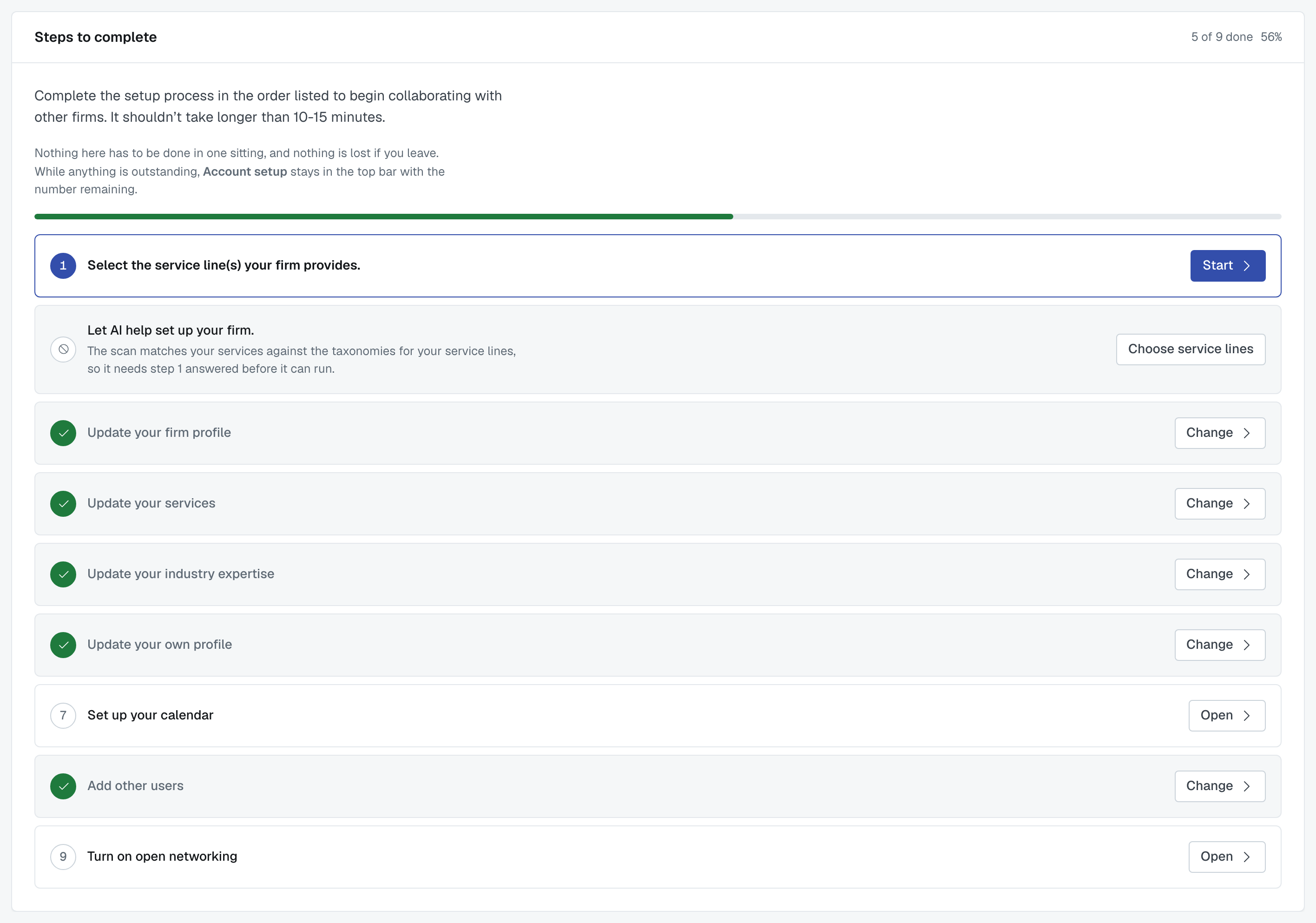 The Account setup checklist part-way through, 5 of 9 done, with Set up your calendar after Update your own profile and Add other users before Turn on open networking