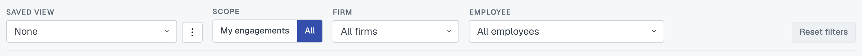 The control bar on the Engagements list: the Saved view dropdown, the Scope buttons, the Firm and Employee dropdowns, and Reset filters greyed out at the right