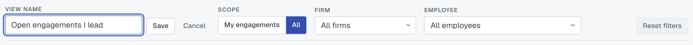 Naming a new view: the View name box with a name typed, and the Save and Cancel buttons