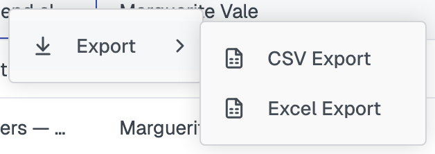The right-click menu over a grid, with Export opened to CSV Export and Excel Export