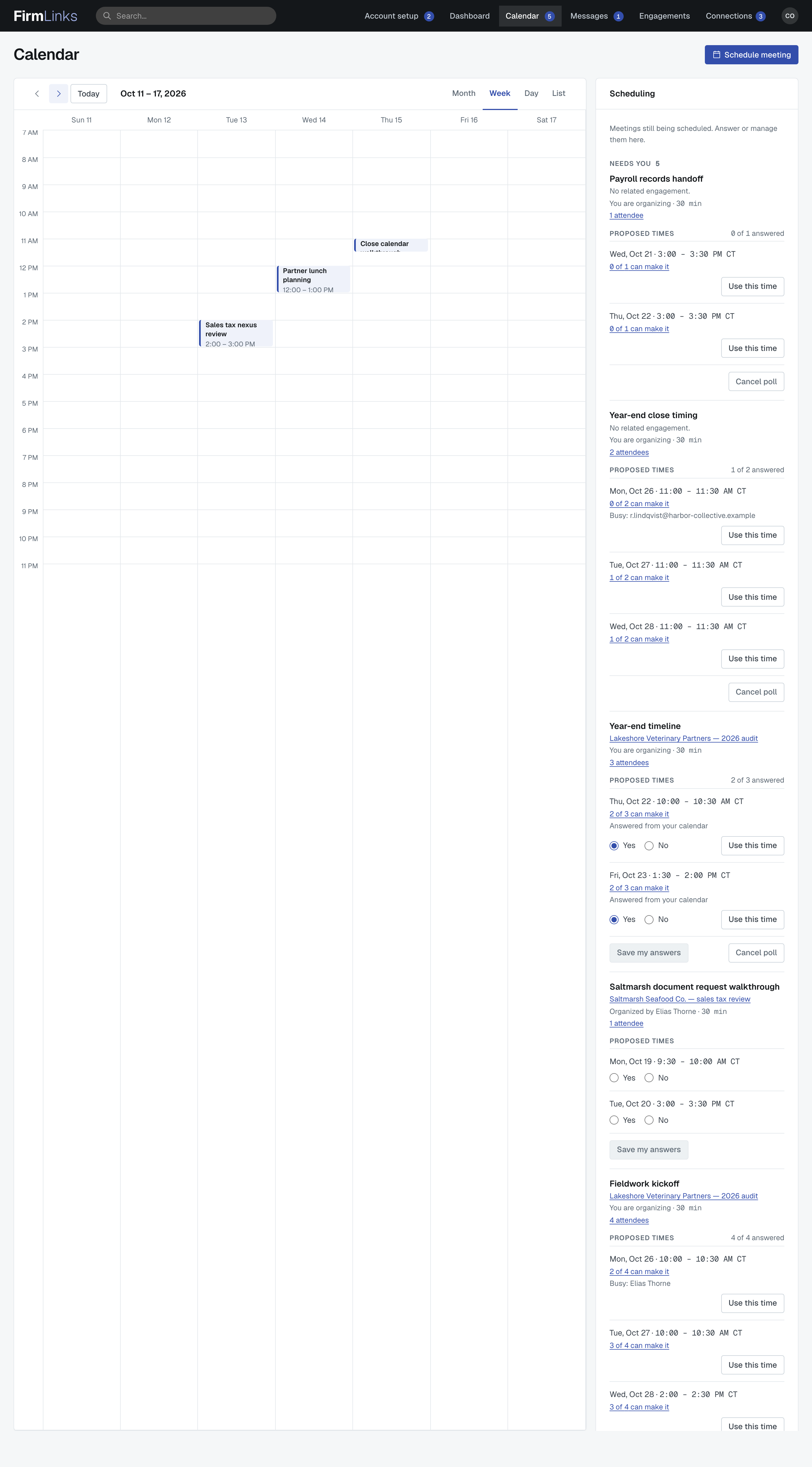 The Calendar page in Week view, with booked meetings on the calendar, the Scheduling list on the right in its Needs you and Waiting on others groups, and Calendar in the top bar showing 3