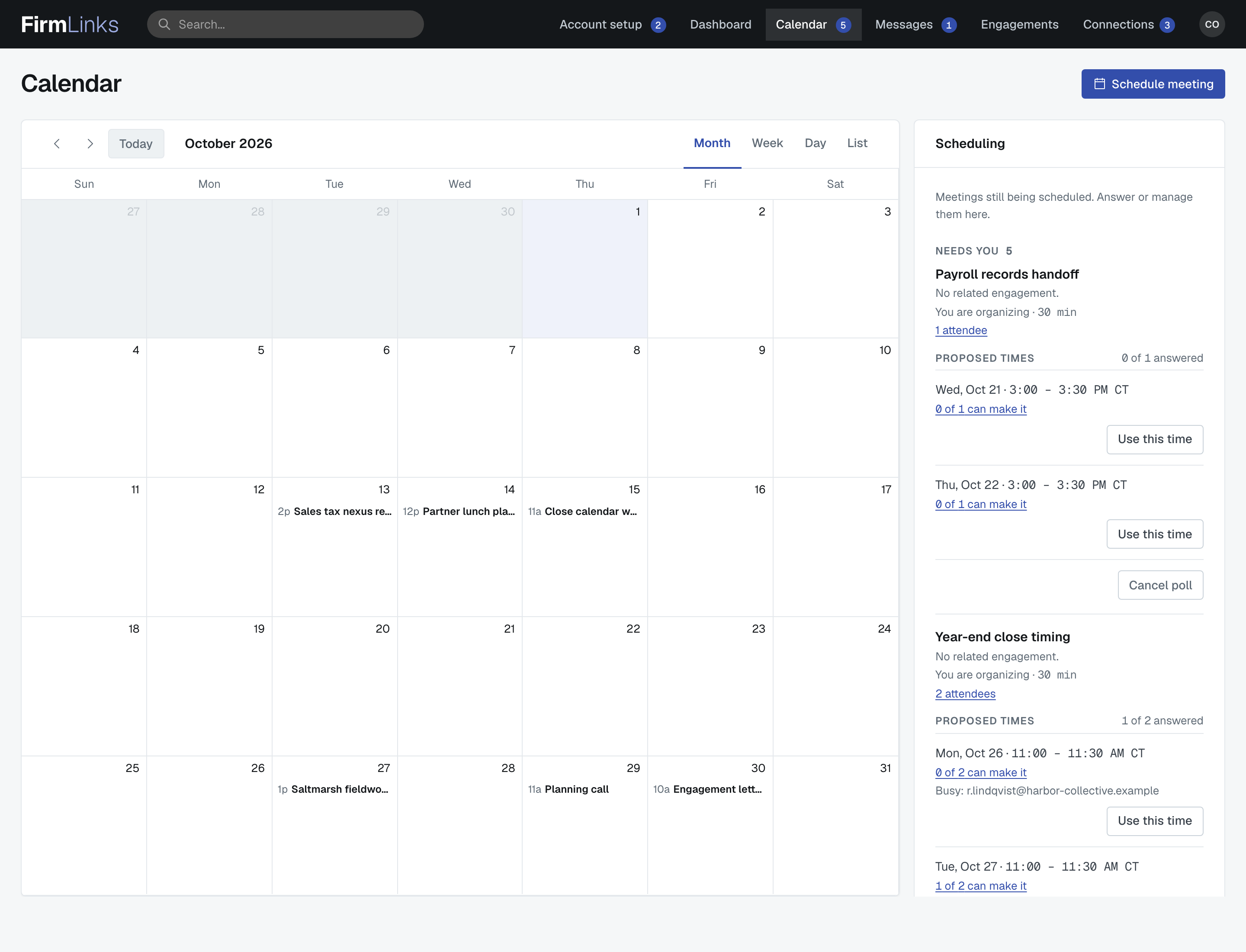 The Month view, with each booked meeting shown as one line of start time and title