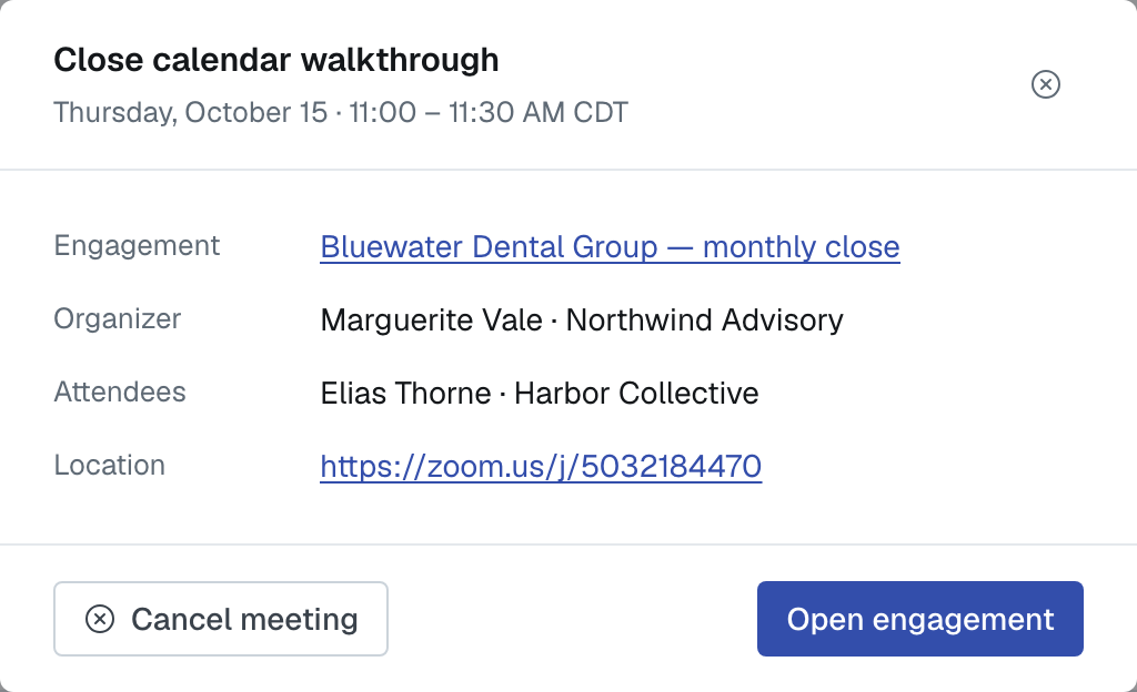 The details of a meeting you organized, with its engagement link, organizer, attendees and video link, and Cancel meeting and Open engagement at the bottom