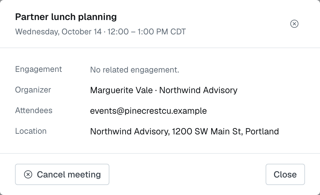 The details of a meeting you organized with no engagement, reading "No related engagement.", with Cancel meeting and Close at the bottom