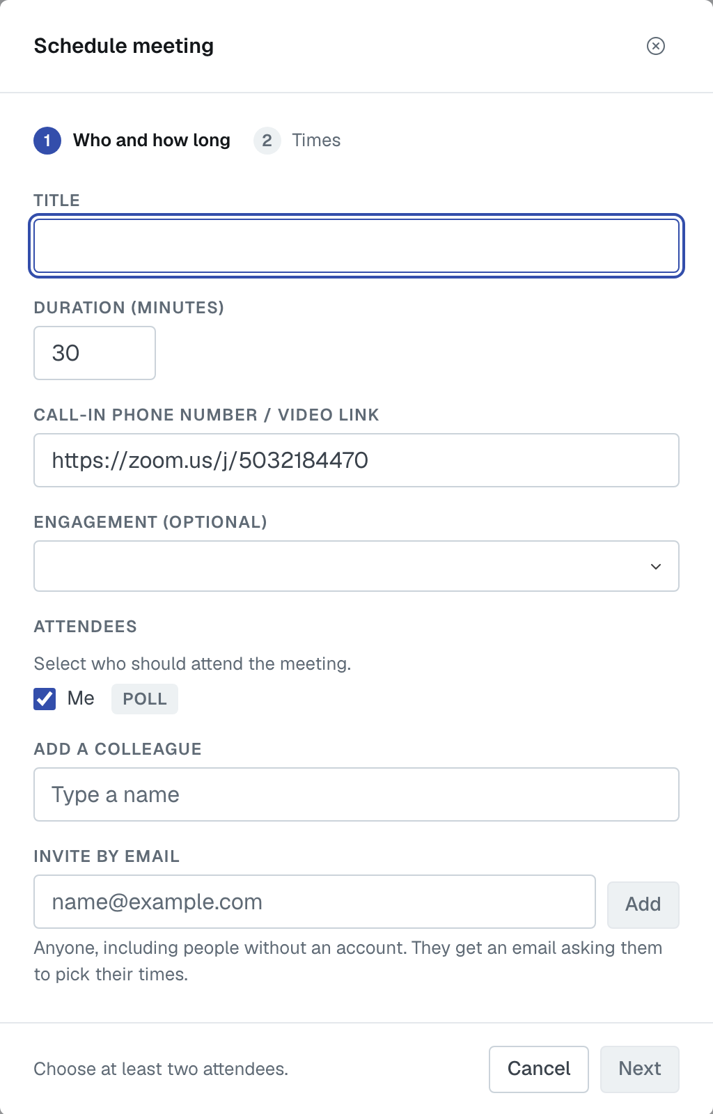 The first step of Schedule meeting opened from the Calendar page, with the Engagement (optional) field under Call-In Phone Number / Video Link
