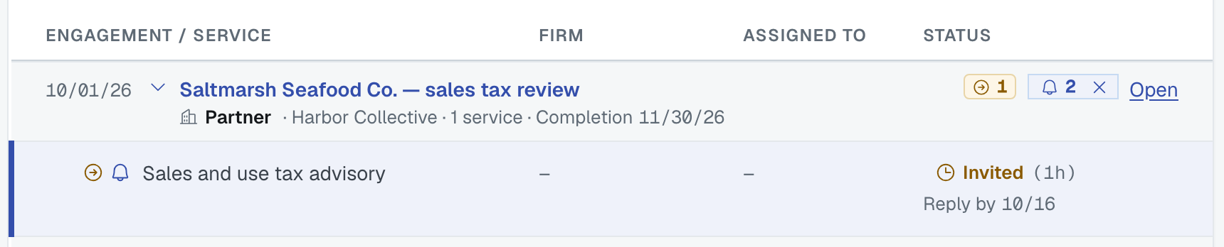 One engagement expanded to its service, with the Partner tag and Completion date on line two and the Engagement / service, Firm, Assigned to and Status columns