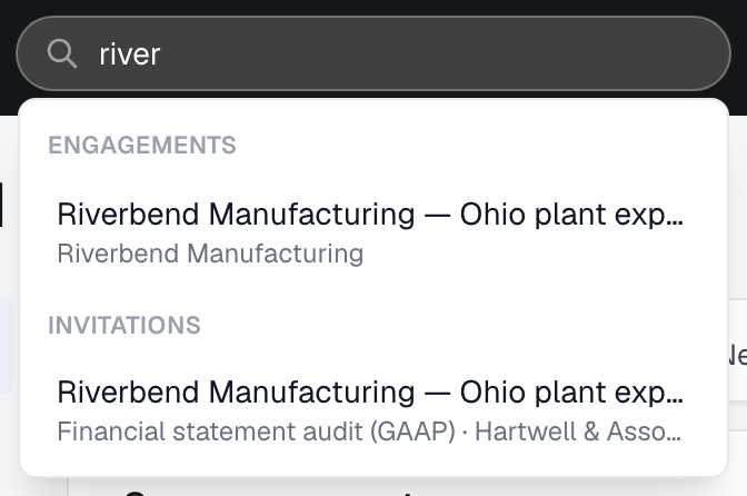 The Search box in the top bar, open on a partial word, with its results grouped by what they are